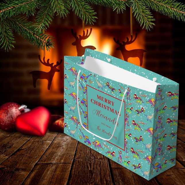 Christmas Dinosaur Pattern Add Name Large Gift Bag (Christmas dinosaurs wearing santa hats pattern personalized holiday gift bag)