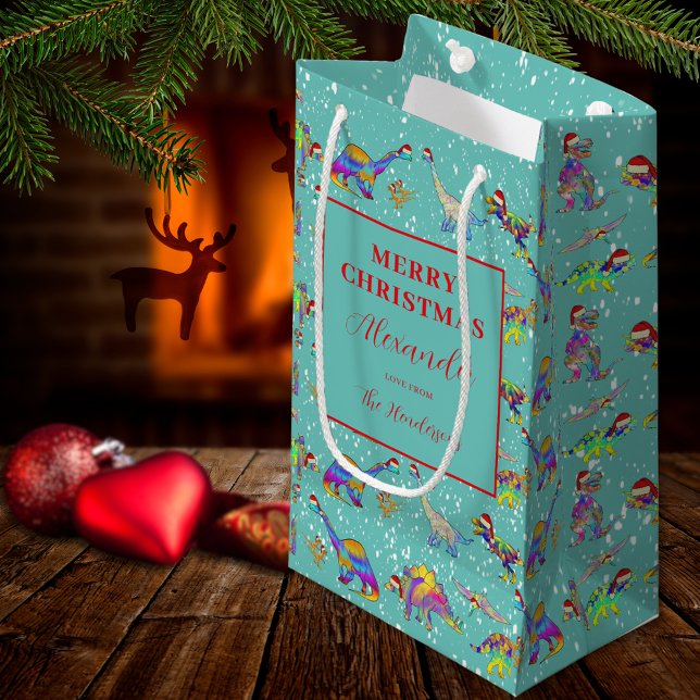 Christmas Dinosaur Pattern Personalised Small Gift Bag (Christmas dinosaurs wearing Santa hats pattern personalized holiday gift bag)