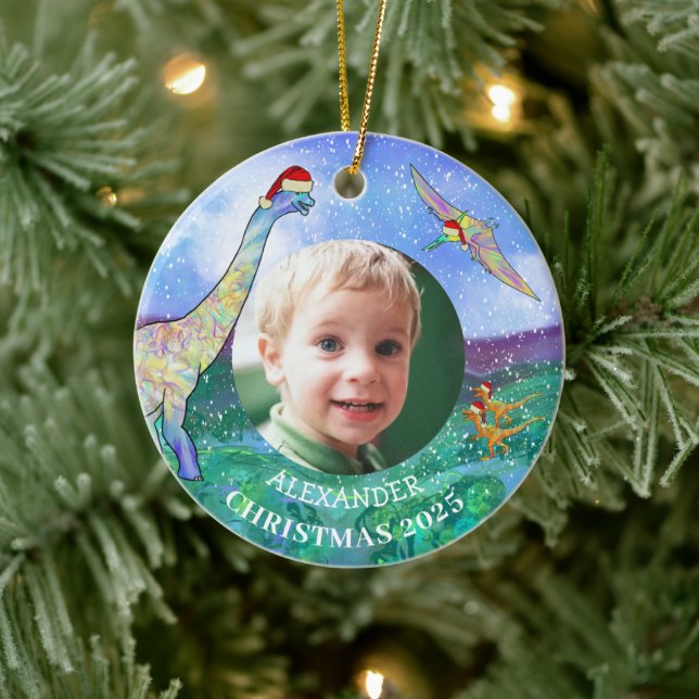Christmas Dinosaur Personalised photo Ceramic Tree Decoration (Tree)