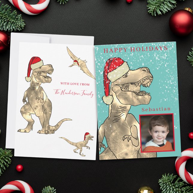 Christmas Dinosaur Personalised Photo Holiday Card (Christmas dinosaur in the snow custom photo holiday greetings card)