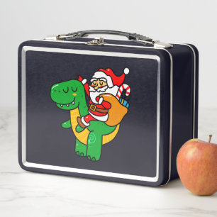 Christmas Dinosaur Santa Riding T Rex Xmas Kids Bo Metal Lunch Box