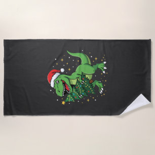 Christmas Dinosaur Santa T Rex Beach Towel