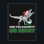 Christmas Dinosaur Santa T-Rex Holiday Postcard<br><div class="desc">Unleash the holiday fun with the "Christmas Dinosaur Santa T-Rex" postcard! Featuring a vibrant T-Rex showing off his fierce fangs while rocking a red Santa hat and carrying a sack of gifts, this design brings a wild and playful twist to Christmas. The bold phrase "Are you naughty or nice?" adds...</div>