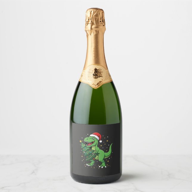 Christmas Dinosaur Santa T Rex Sparkling Wine Label (Front)