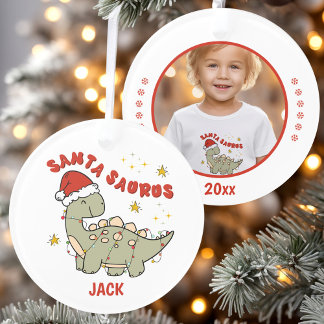 Christmas Dinosaur Santasaurus Name Photo Ornament