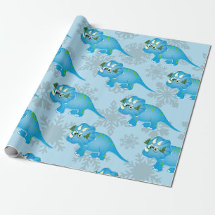Christmas Dinosaur Snowflakes Cute Blue Kids Wrapping Paper