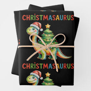 Christmas Dinosaur T Rex Dino Xmas Tree Lights Wrapping Paper Sheet
