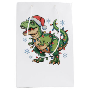 Christmas Dinosaur T Rex Merry Xmas Lights Santa Medium Gift Bag