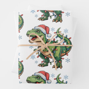 Christmas Dinosaur T Rex Merry Xmas Lights Santa Wrapping Paper Sheet