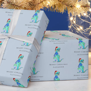 Christmas Dinosaur T-Rex Personalised Boy Blue Wrapping Paper