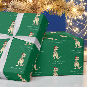 Christmas Dinosaur T-Rex Santa Personalised Green Wrapping Paper