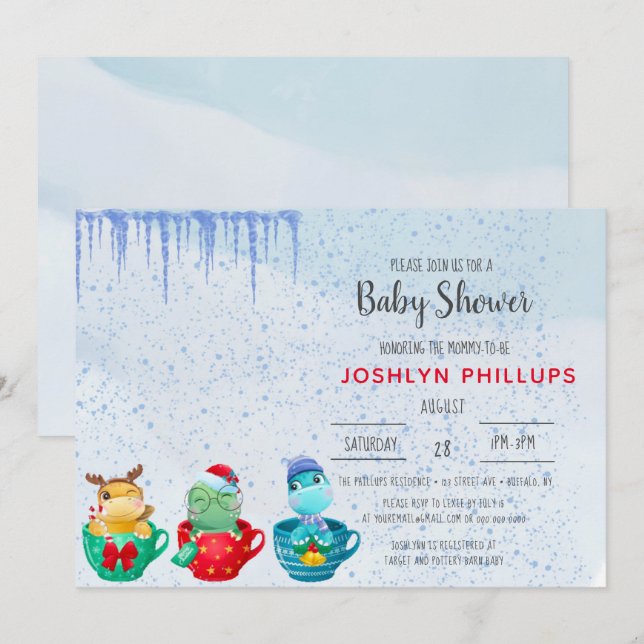 Christmas Dinosaur Teacup Baby Shower Invitation (Front/Back)