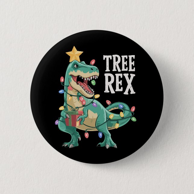 Christmas Dinosaur Tree Rex Pyjamas Xmas Lights  6 Cm Round Badge (Front)