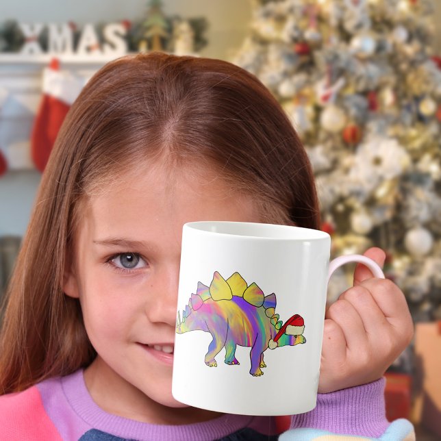 Christmas Dinosaur Wearing a Santa Hat Coffee Mug (Christmas dinosaur mug cute dinosaur wearing a Santa hat colorful stegosaurus watercolor )