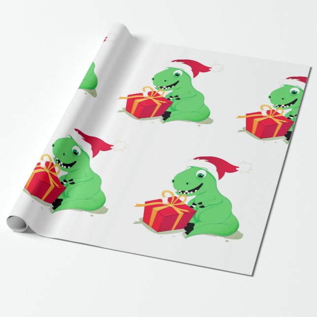 CHRISTMAS DINOSAUR WITH Santa hat Wrapping Paper (Unrolled)