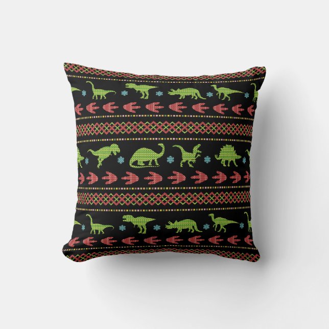 Christmas Dinosaurs Knit Embroidered Fair Isle Cushion (Front)