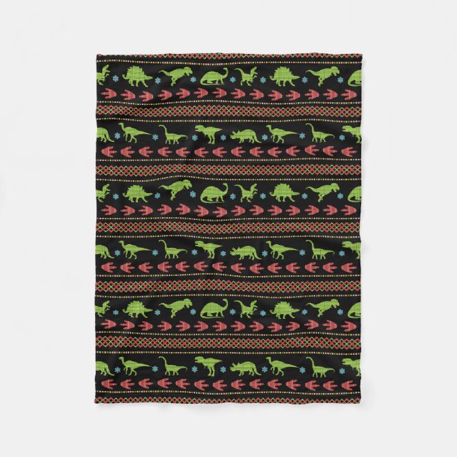 Christmas Dinosaurs Knit Embroidered Fair Isle Fleece Blanket (Front)