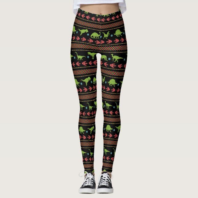 Christmas Dinosaurs Knit Embroidered Fair Isle Leggings (Front)