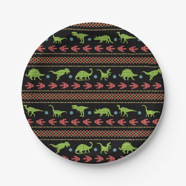 Christmas Dinosaurs Knit Embroidered Fair Isle Paper Plate (Front)