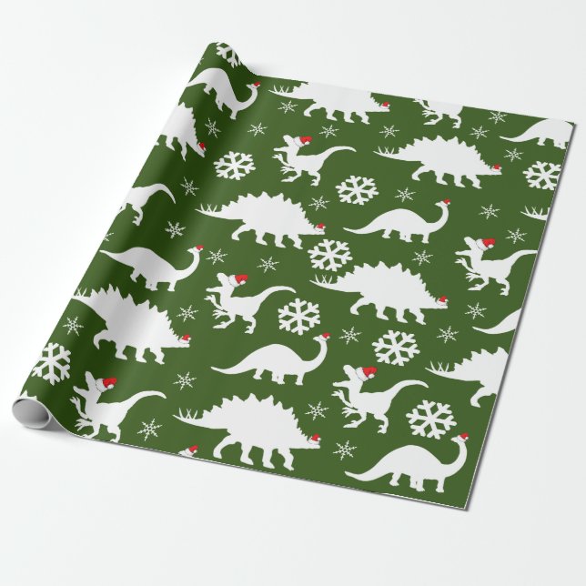 Christmas Dinosaurs & Snowflakes Wrapping Paper (Unrolled)