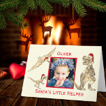 Christmas Dinosaurs T Rex Pterodactyl Velociraptor Card<br><div class="desc">Time for a prehistoric festive Christmas with these Funny dinosaurs in Santa hats and the slogan ‘Santa’s Little Helper’ along with a child’s name and photo to personalise this funny xmas Card. Better make sure you’re not in the naughty category or these scary dinosaurs will be after you. T Rex,...</div>