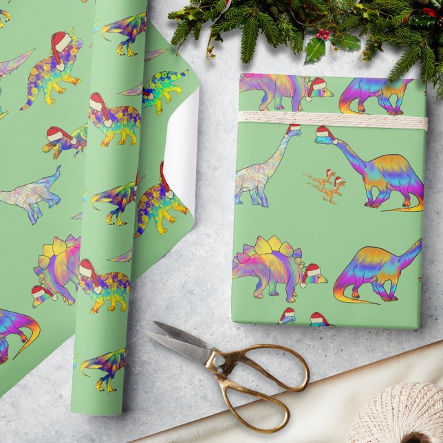 Christmas Dinosaurs Wearing Santa Hats Pattern Wrapping Paper (Colorful Christmas dinosaurs wearing santa hats holiday wrapping paper)