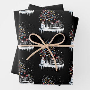 Christmas Dirt Bike Motorcycle Snowman Tree Xmas Wrapping Paper Sheet