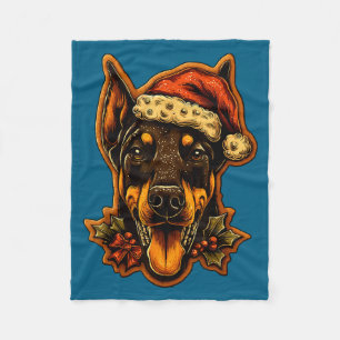 Christmas Doberman Dog With Santa Hat Gingerbread Fleece Blanket