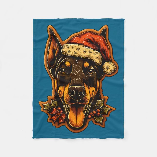 Christmas Doberman Dog With Santa Hat Gingerbread  Fleece Blanket (Front)