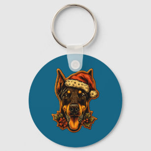 Christmas Doberman Dog With Santa Hat Gingerbread  Key Ring