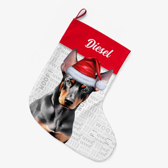 Christmas Doberman Pinscher Santa with Dog's Name Large Christmas Stocking (Front (Hanging))