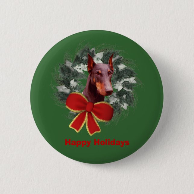 Christmas Doberman Wreath Bow Holiday Button Pin (Front)