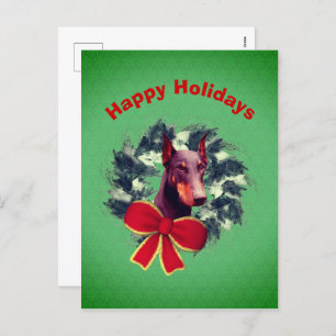 Christmas Doberman Wreath Bow Holiday Postcard
