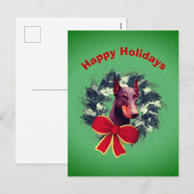 Christmas Doberman Wreath Bow Holiday Postcard (Front/Back)