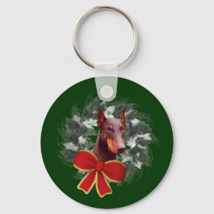 Christmas Doberman Wreath Holiday Keychain
