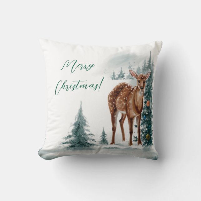 Christmas Doe Girl in Watercolor Cushion (Front)