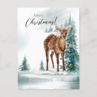 Christmas Doe in the Forest in Watercolor Postcard