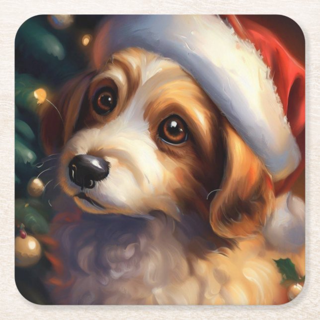 Christmas Dog 2 Square Paper Coaster (Front)