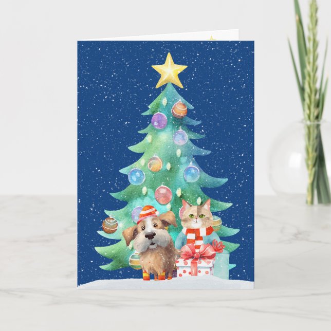 Christmas Dog And Cat In Snowflakes Holiday Card (Front)