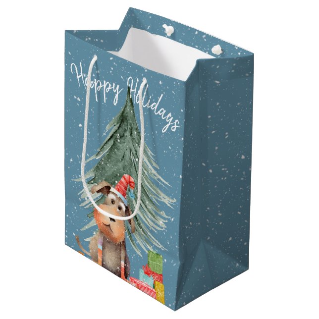 Christmas Dog and Pine In Snowflakes Medium Gift Bag (Front Angled)
