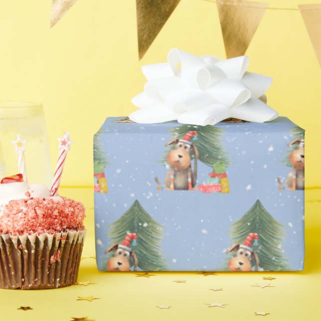 Christmas Dog and Pine Tree In Snowflakes Wrapping Paper (Birthday Party)