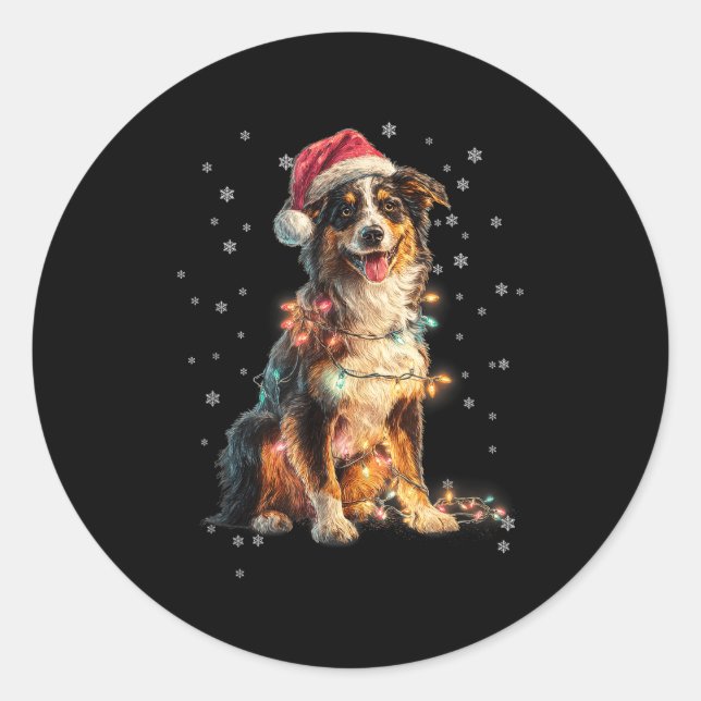 Christmas Dog Australian Shepherd Santa Xmas Women Classic Round Sticker (Front)