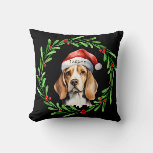 Christmas Dog Beagle Santa Hat Holiday Cushion