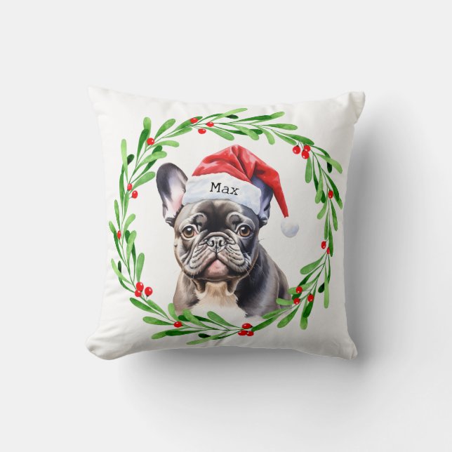 Christmas Dog Black Frenchie French Bulldog Santa Cushion (Front)