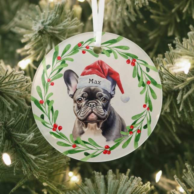 Christmas Dog Black Frenchie French Bulldog Santa Glass Tree Decoration (Insitu)