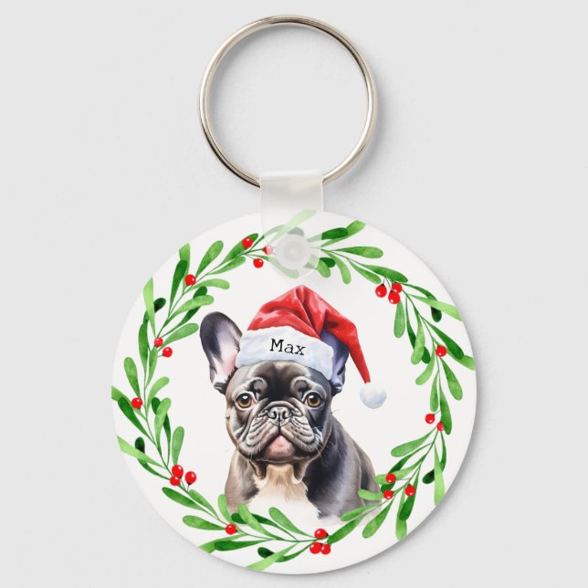 Christmas Dog Black Frenchie French Bulldog Santa Key Ring (Front)