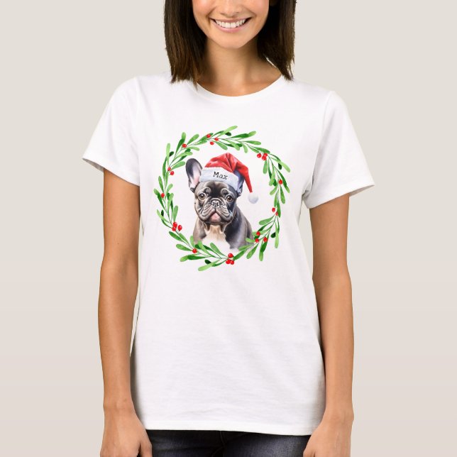 Christmas Dog Black Frenchie French Bulldog Santa T-Shirt (Front)