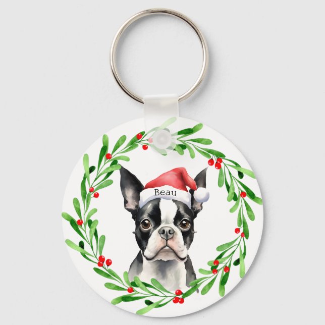 Christmas Dog Boston Terrier Terrier Holidays Pet Key Ring (Front)