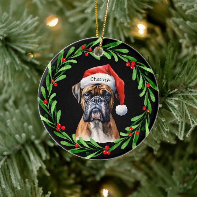 Christmas Dog Boxer Santa Hat Holiday Ceramic Tree Decoration (Tree)