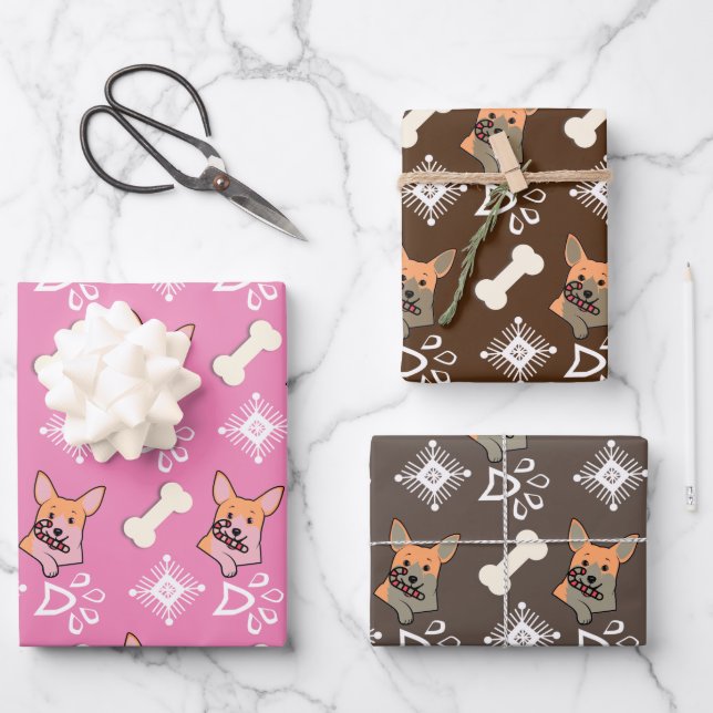 Christmas Dog Candy Cane Snowflake Pattern  Wrapping Paper Sheet (Front)